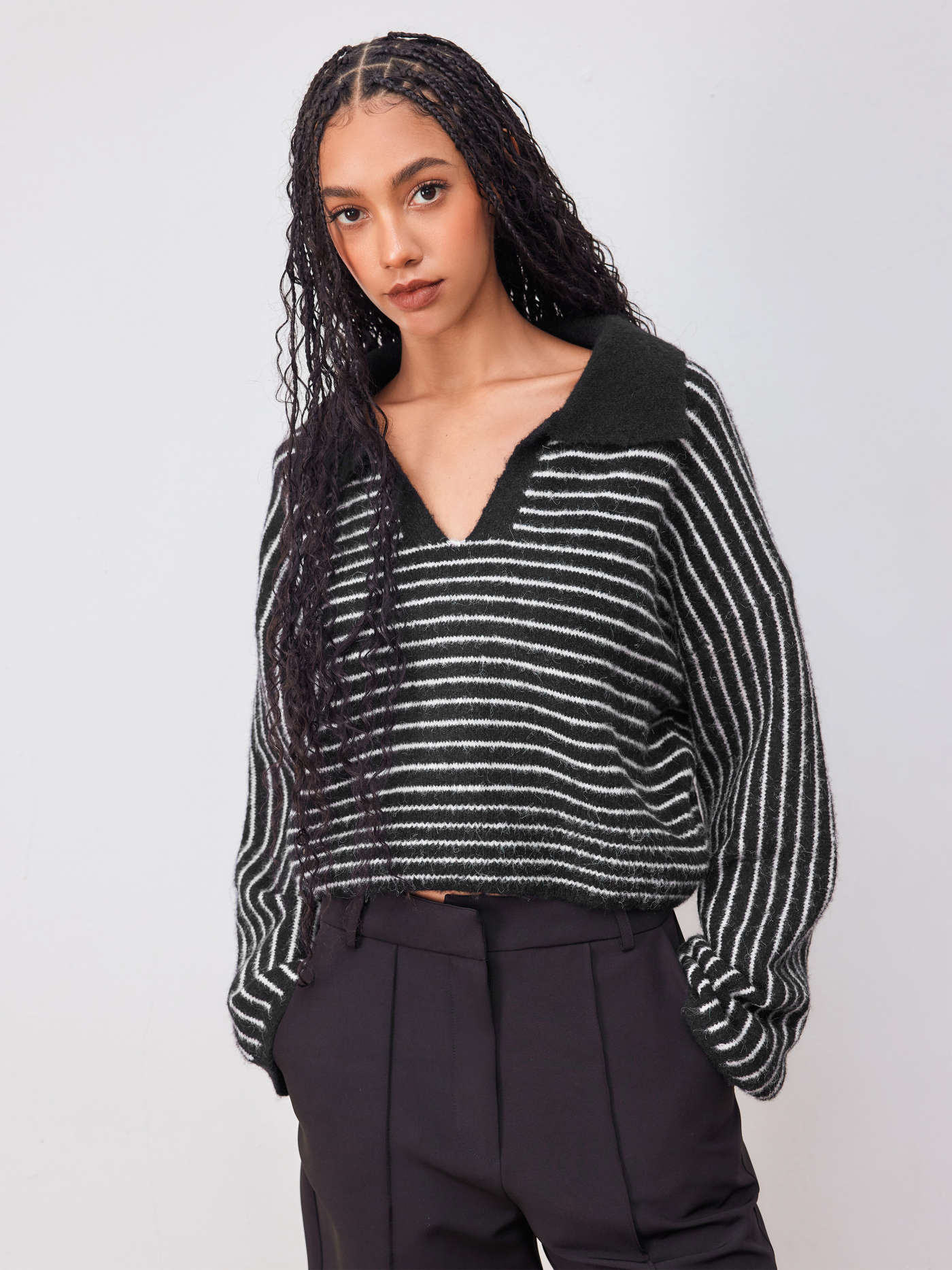 Wool-blend Knit Collar Stripe Oversized Long Sleeve Top