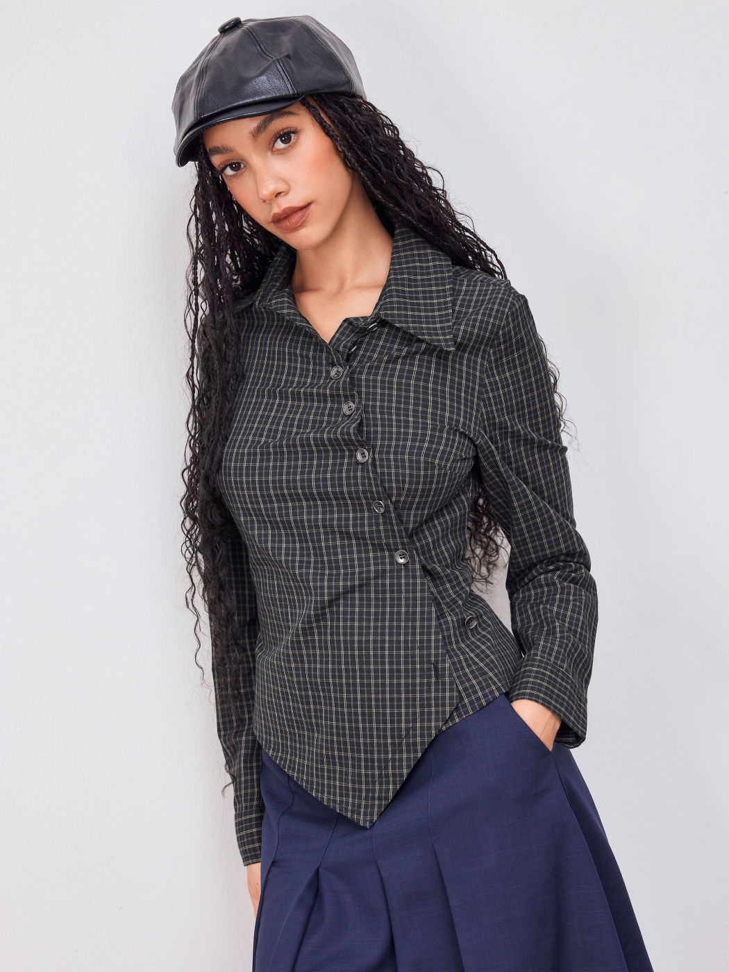 100% Cotton Collar Check Asymmetrical Wrap Blouse