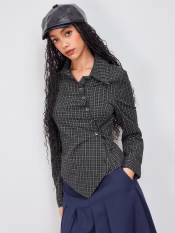 100% Cotton Collar Check Asymmetrical Wrap Blouse
