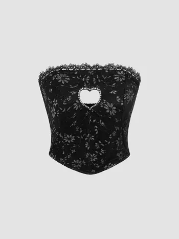 Mesh Floral Heart Cut Out Rhinestone Crop Tube Top