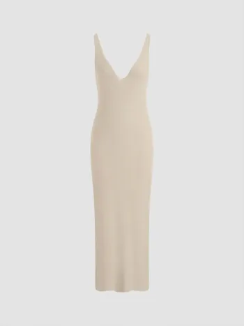 Knit V-neck Solid Cover Up Maxi Dress