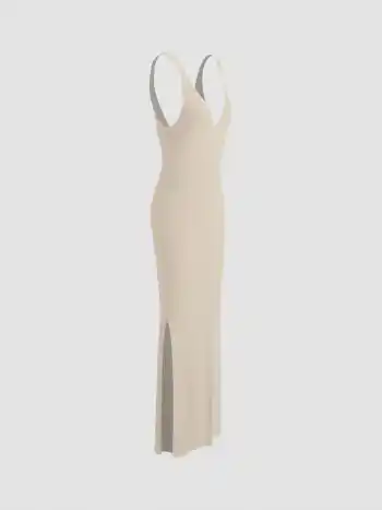 Knit V-neck Solid Cover Up Maxi Dress