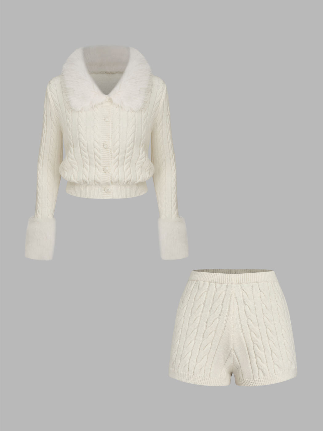 Cable Knit V-neck Cardigan With Faux Fur Collar & Mid Rise Shorts Set