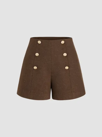 Wool-like Mid Rise Solid Button Shorts