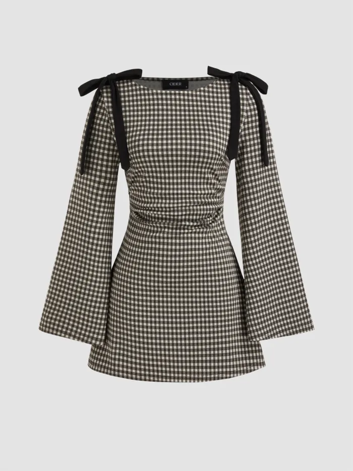 100% Cotton Peter Pan Collar Plaid Lace Trim Puff Sleeve Knotted Mini Dress