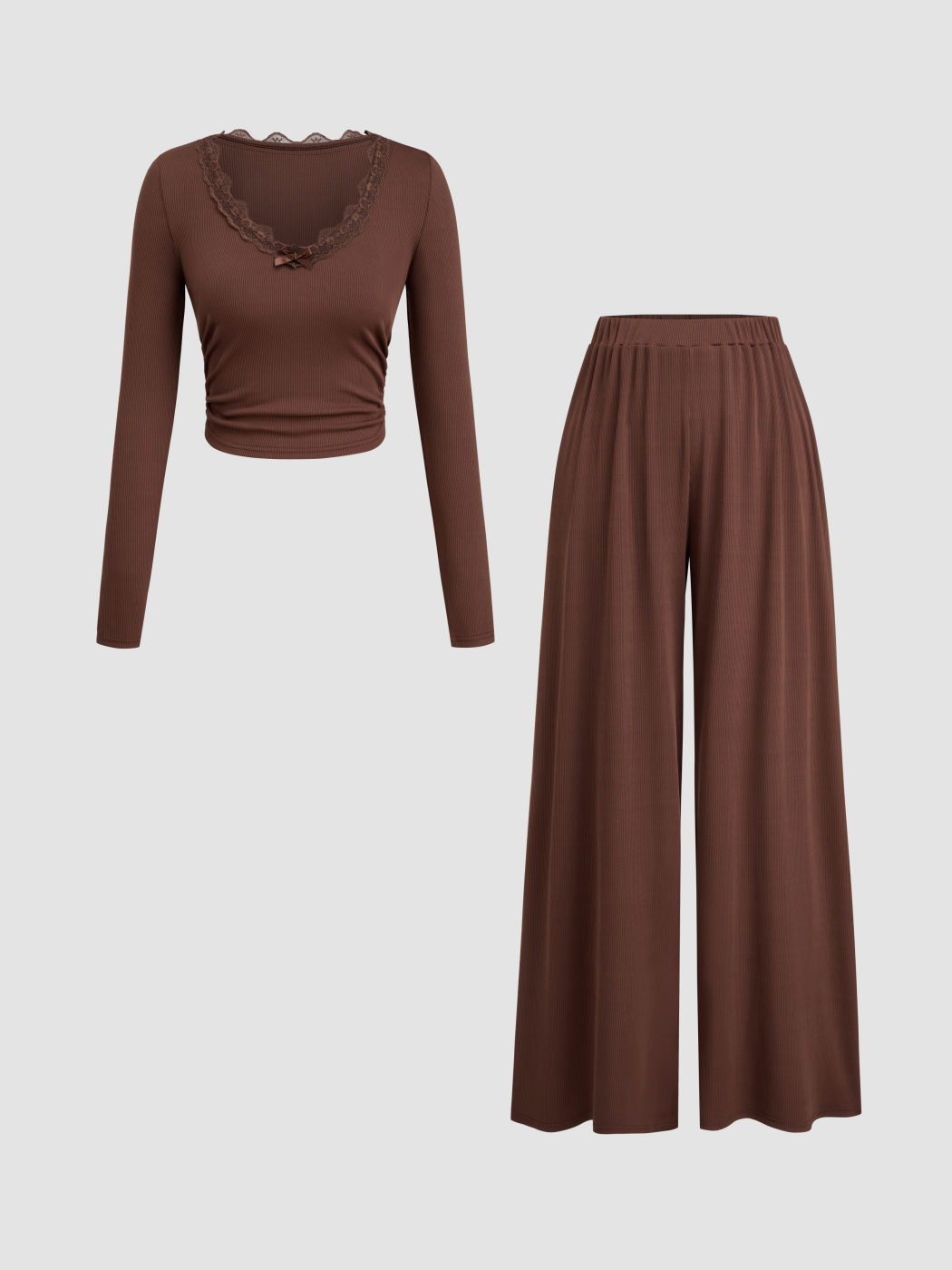 V-neck Lace Cropped Long Sleeve Top & Mid Rise Wide Leg Trousers Set