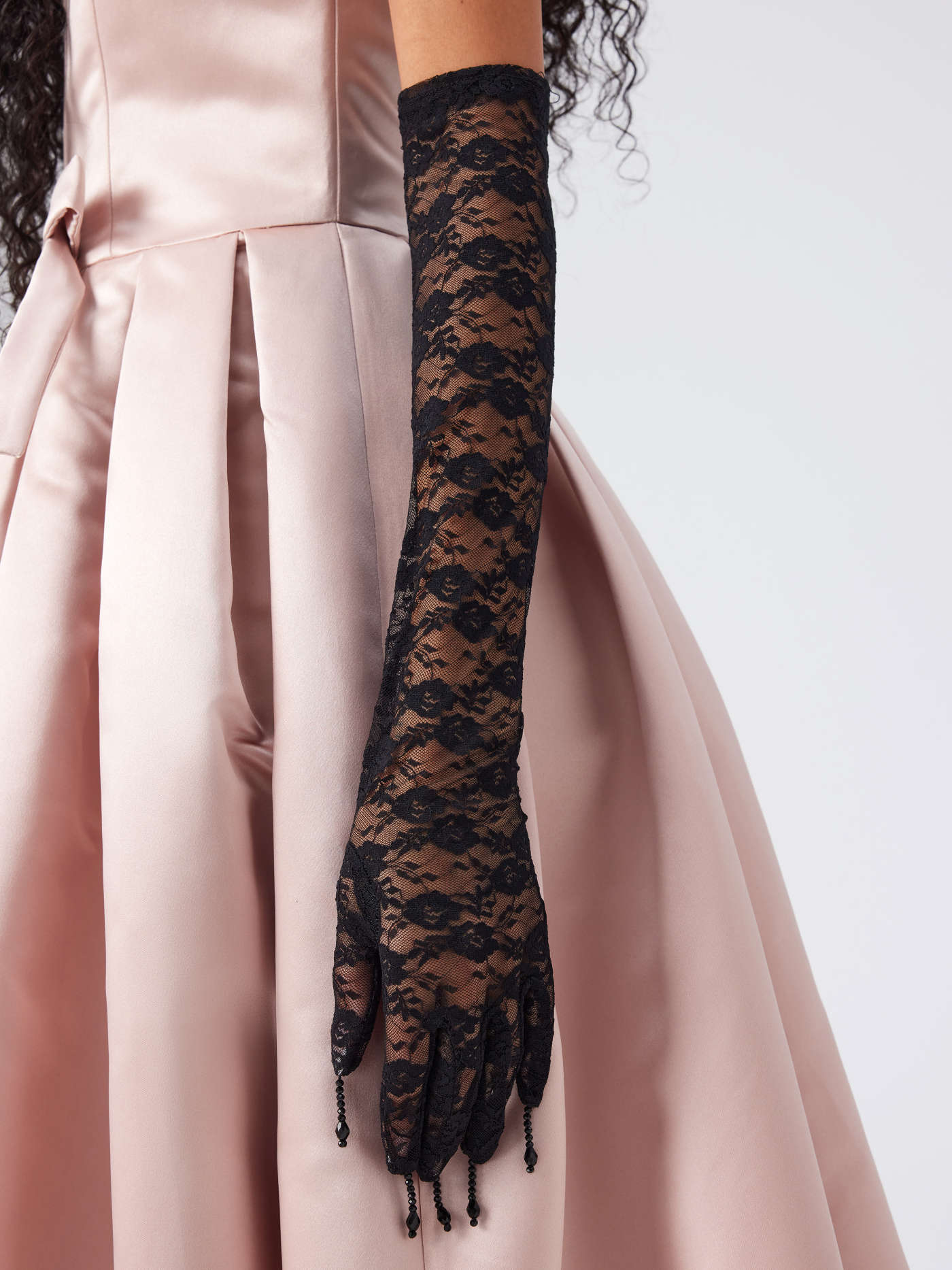 RHINESTONE  DECOR FLORAL LACE LONG GLOVES