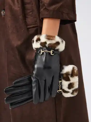 LEOPARD PRINT FUR-LOOK TRIM BUCKLE GLOVES