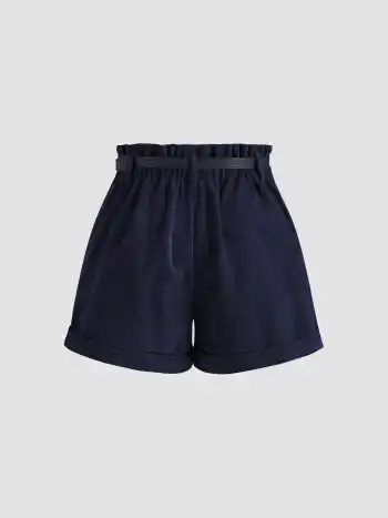 Corduroy Mid Rise Roll Hem Shorts With Belt