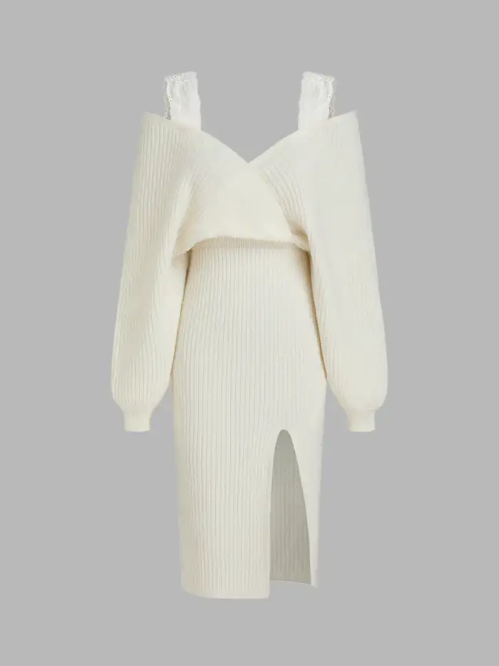 Two Piece Sets Knit Fabric Lace See-through Top & V Neck Wide Leg Jumpsuit For Party/Clubbing