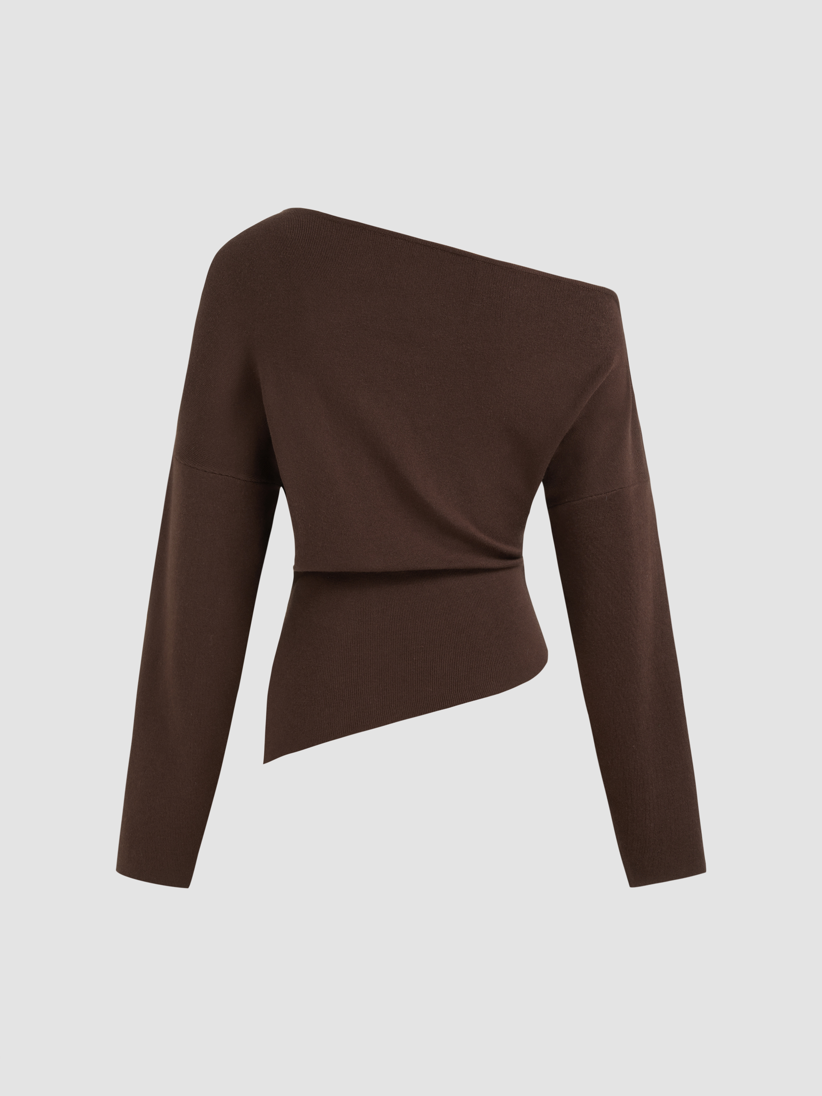 Knit Asymmetrical Neck Solid Ruched Long Sleeve Top