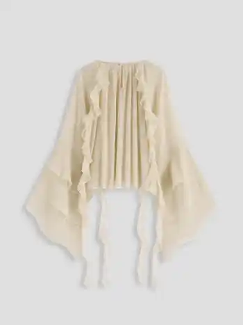 Camicetta in chiffon con orlo arricciato e maniche a campana trasparenti