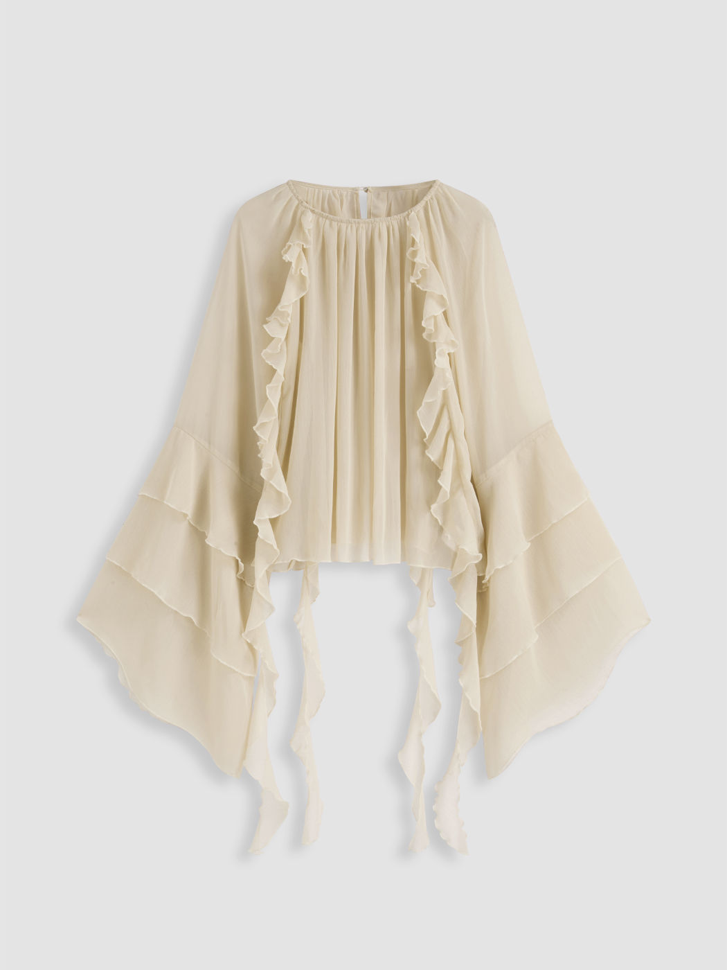 Chiffon Ruffle Hem See-through Bell Sleeve Blouse