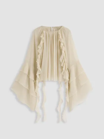 Chiffon High Neck Ruffle Dolman sleeve See-Through Crop Blouse