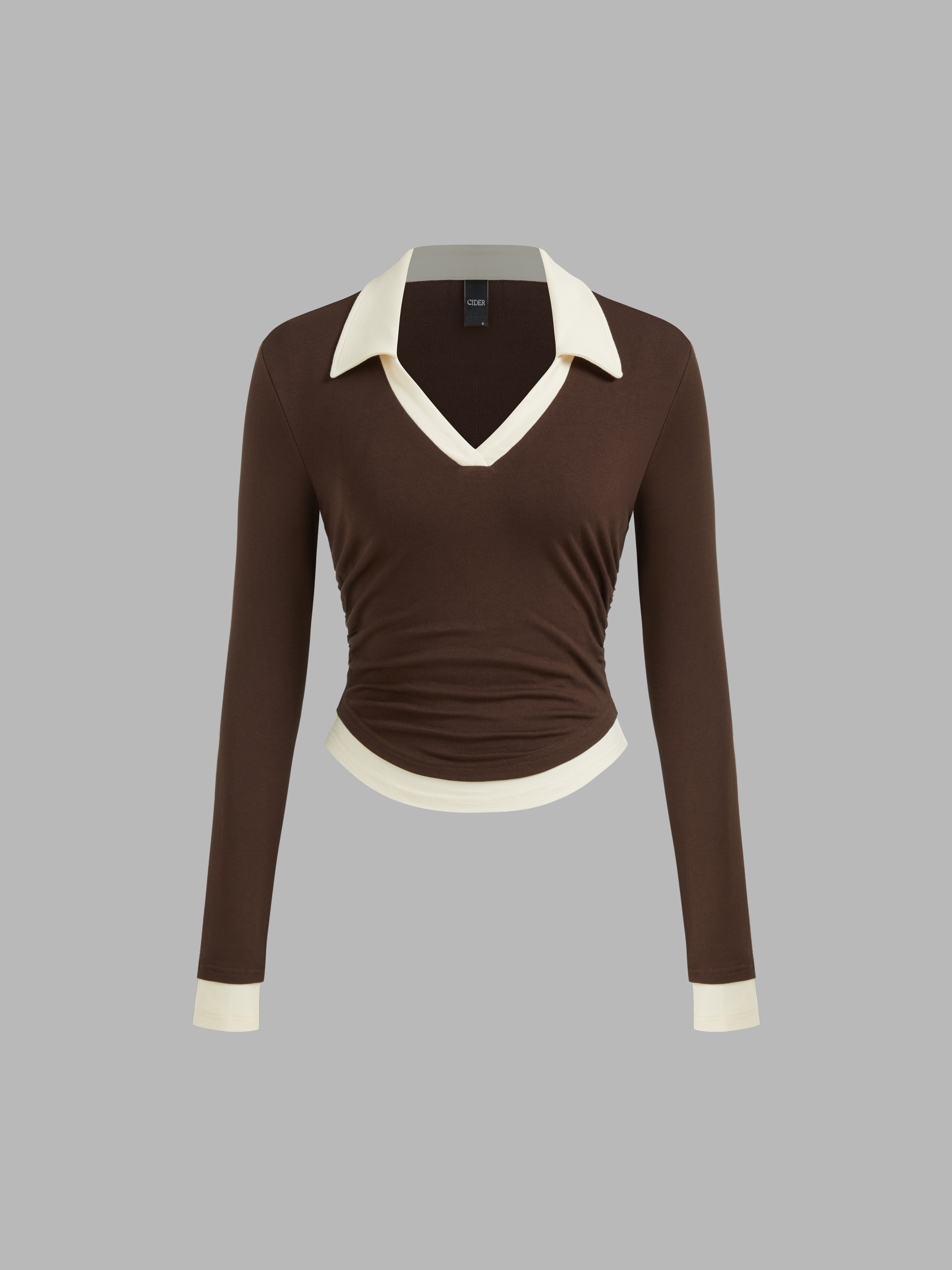 Knit Fabric Collar Two Tone Ruched Long Sleeve Top For Daily