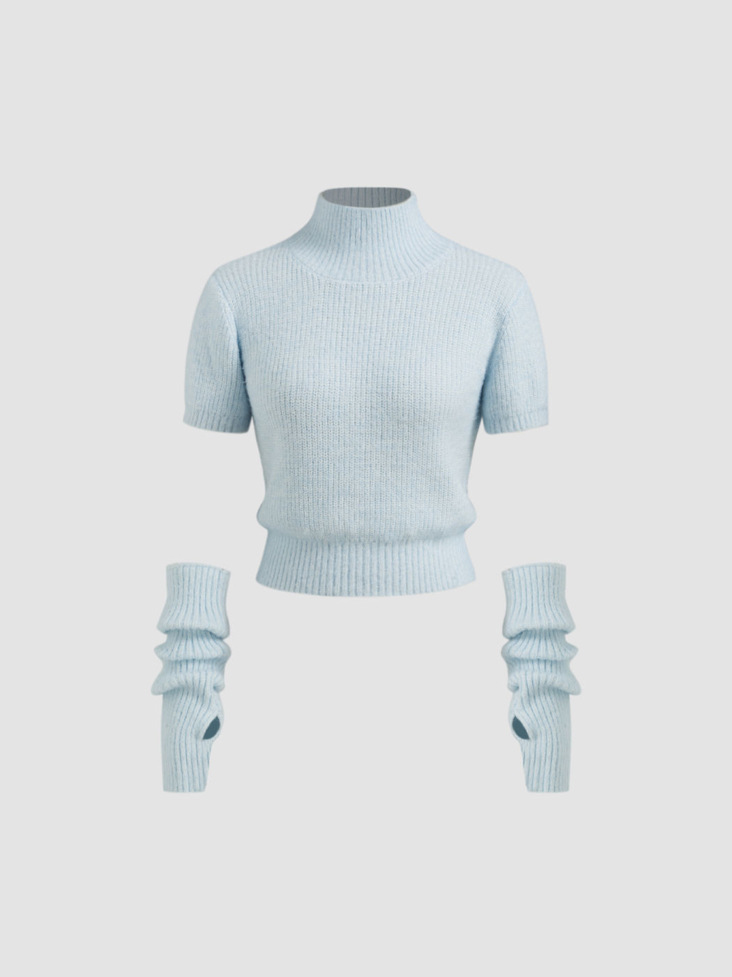 Knit High Neck Cropped Short Sleeve Top With Thumb Hole Gloves