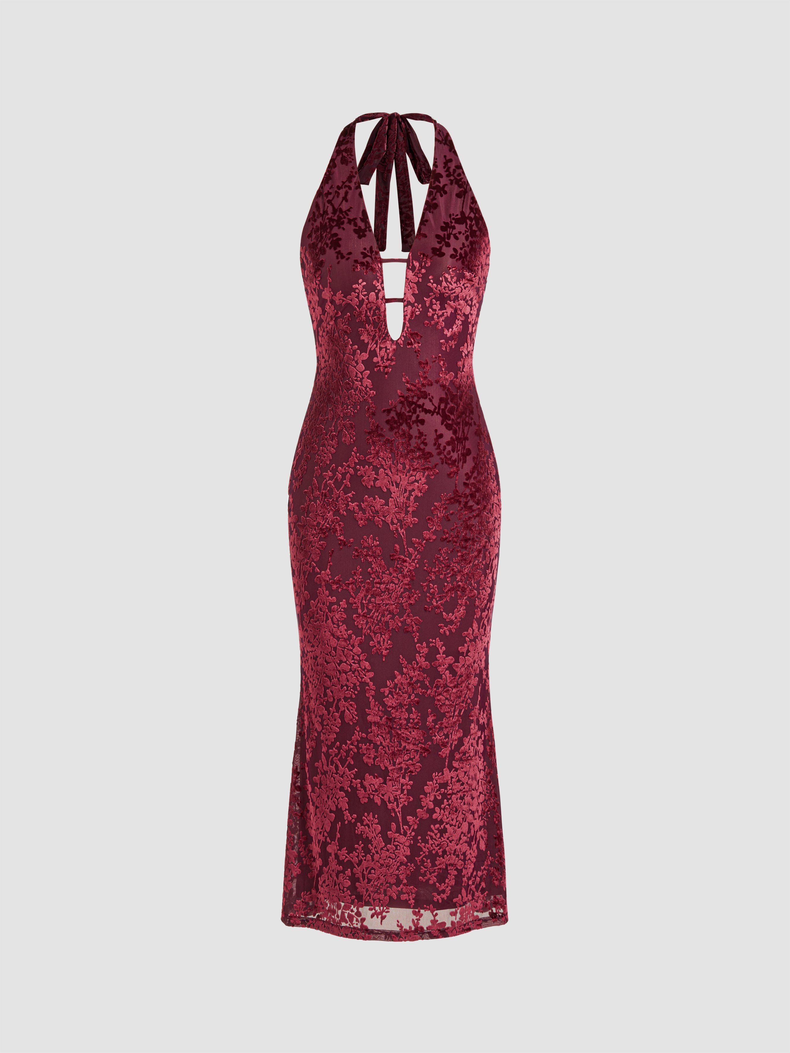 white christmas dresses CLARA FLORAL VELVET BURNOUT MIDI DRESS – AKIRA main image 1