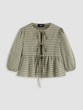100% Baumwolle Rundhals Gingham Bluse mit Binde vorne und langen Ärmeln