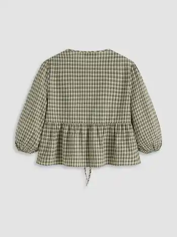 100% Baumwolle Rundhals Gingham Bluse mit Binde vorne und langen Ärmeln