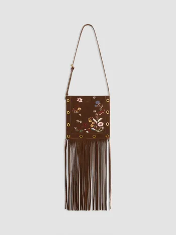FLORAL EMBROIDERY  FRINGE SUEDE CROSSBODY BAG