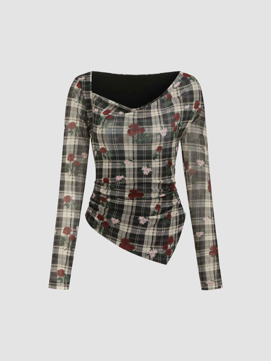 Mesh Cowl Neck Plaid Floral Ruched Long Sleeve Top