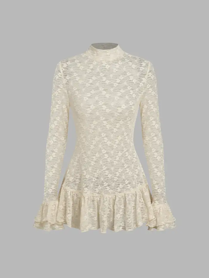 Lace High Neck See-through Floral Ruffle Hem Longline Top