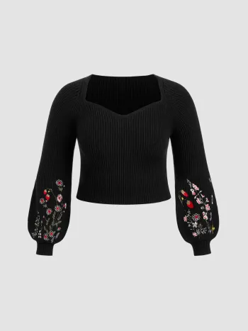 Knit Sweetheart Floral Embroidery Long Sleeve Top Curve & Plus