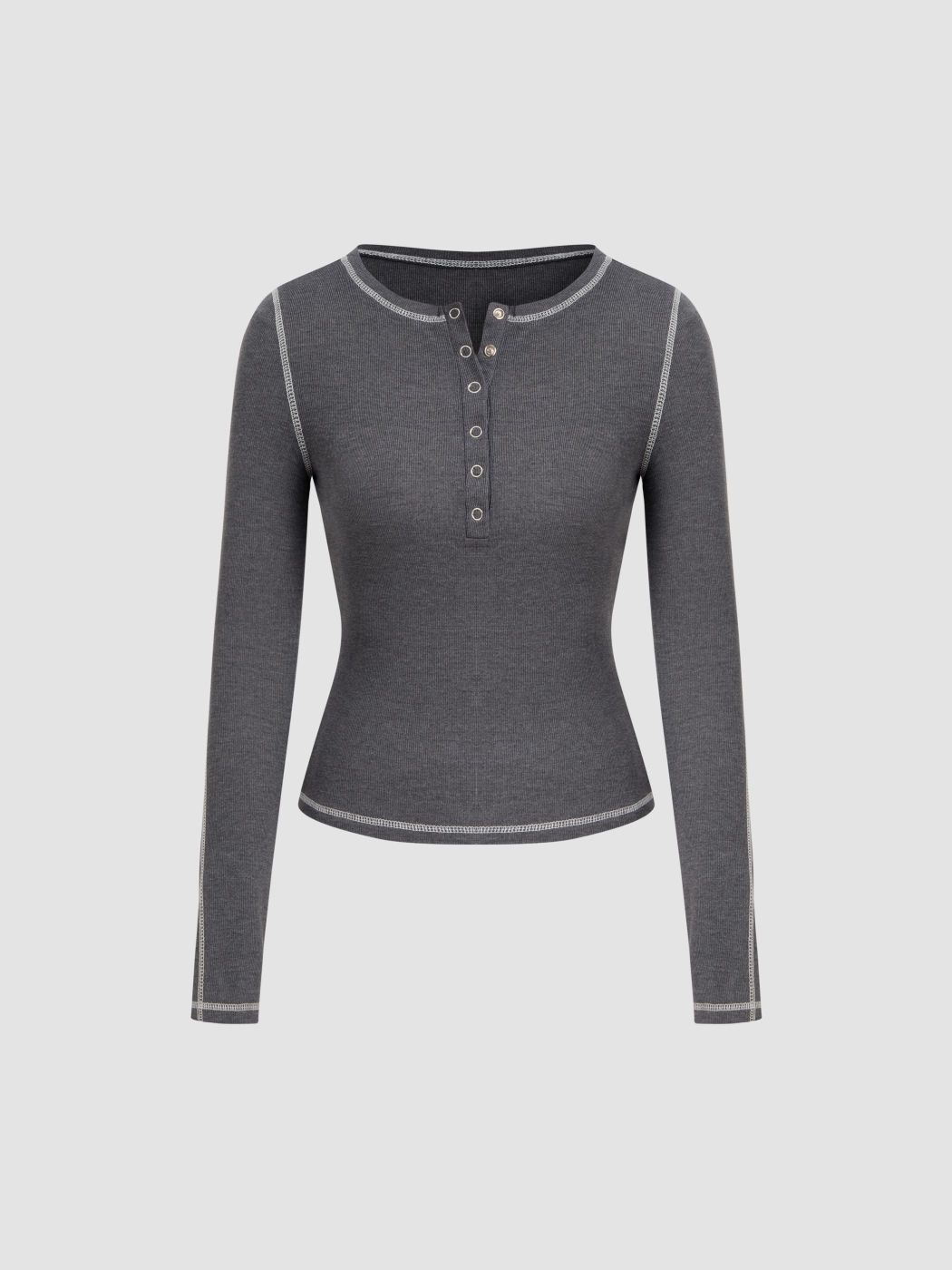 Round Neckline Contrasting Binding Half-buttoned Top