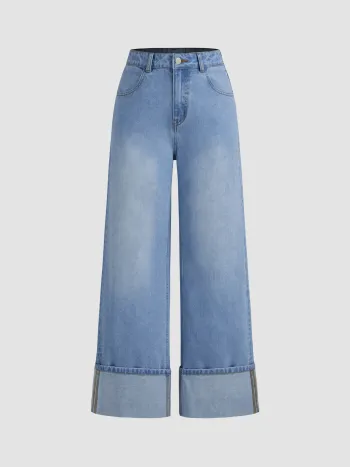 Middle Waist Solid Button Wide Leg Jeans
