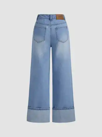 Jeans large en jambe, boutonnés, couleur unie et taille moyenne