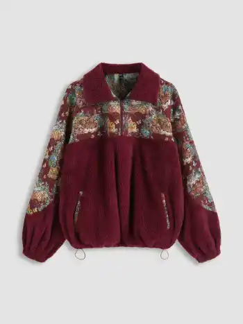 Fleece-Kragen Blumen-Katze Zugschnür-Sweatshirt Kurve & Plus