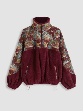 Fleece-Kragen Blumen-Katze Zugschnür-Sweatshirt Kurve & Plus