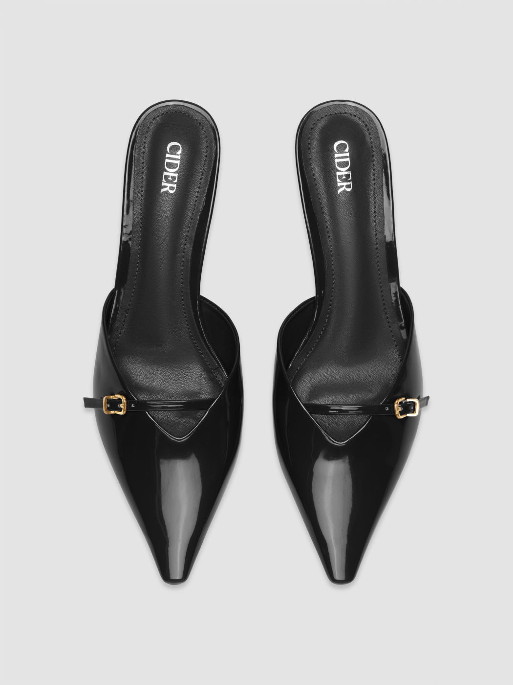 BUCKLE POINTED TOE FAUX PATENT LEATHER HEELS