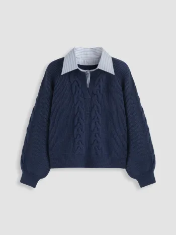 Kabelgestrickter Kragen, Zweifarbiges Oversize-Top Kurve & Plus