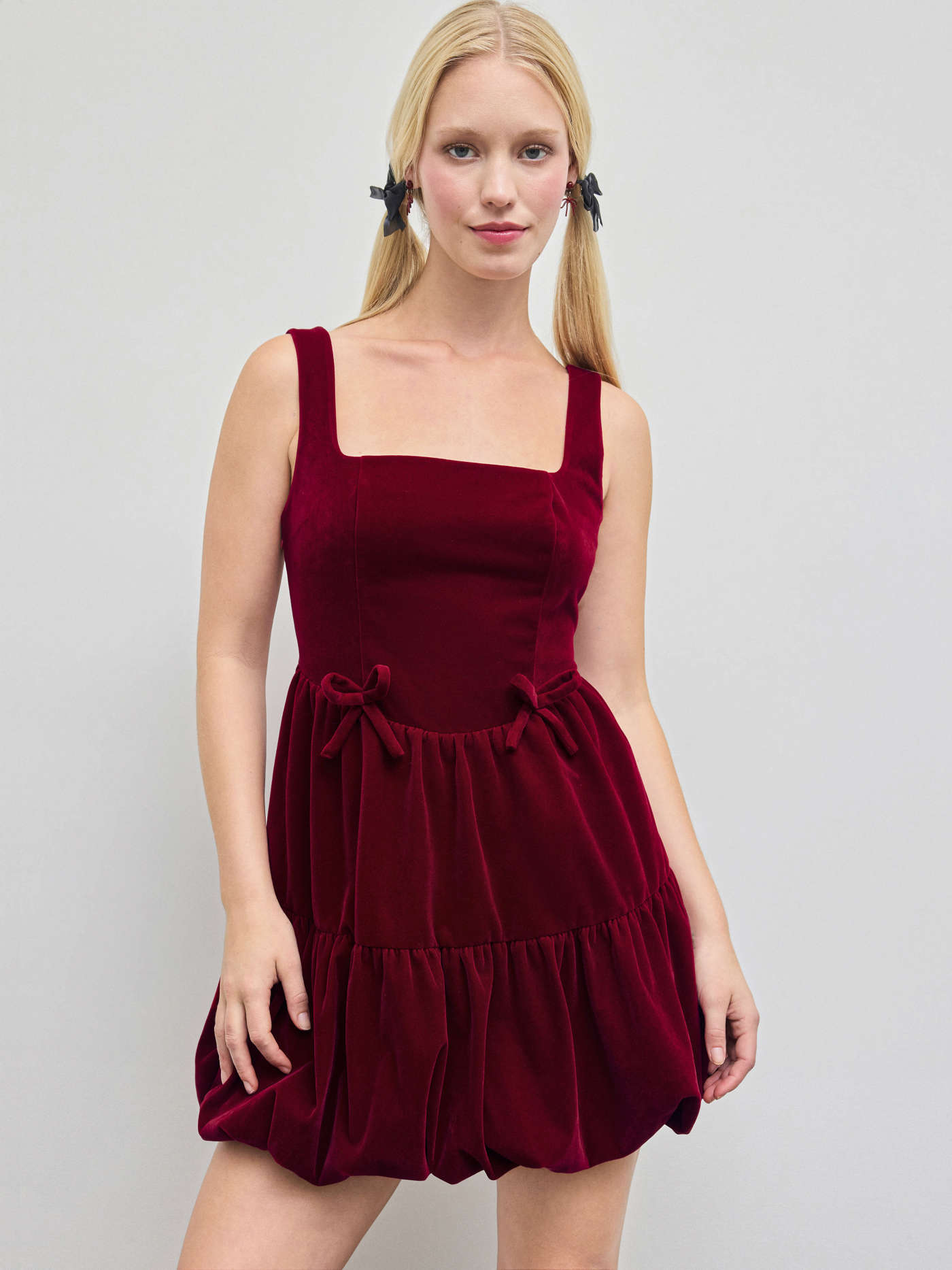 Velvet Lace Up Bowknot Bubble Hem Mini Dress