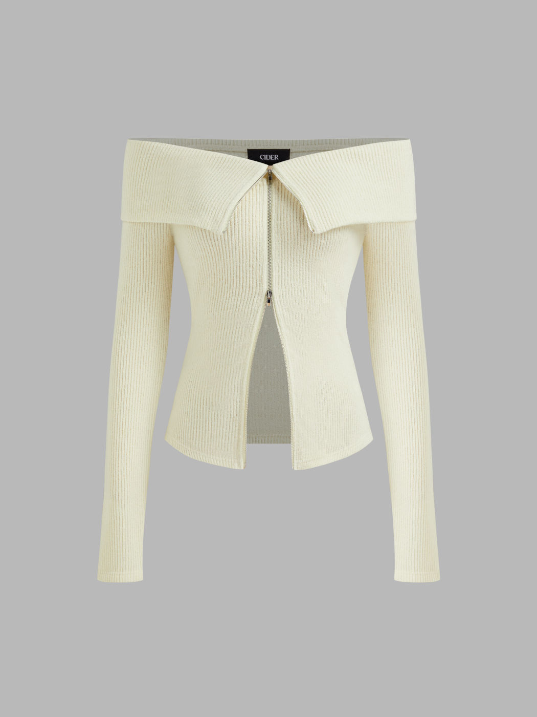 Off-shoulder Split Zip Through Long Sleeve Top