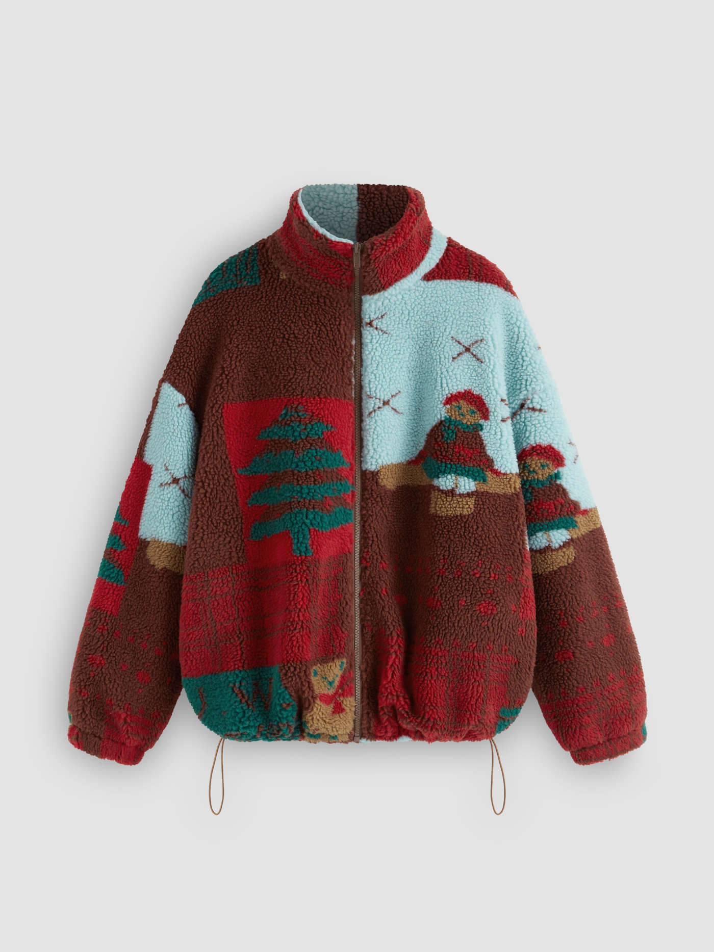 Fleece Snowman Patterned Drawstring Oversized Borg Jacket