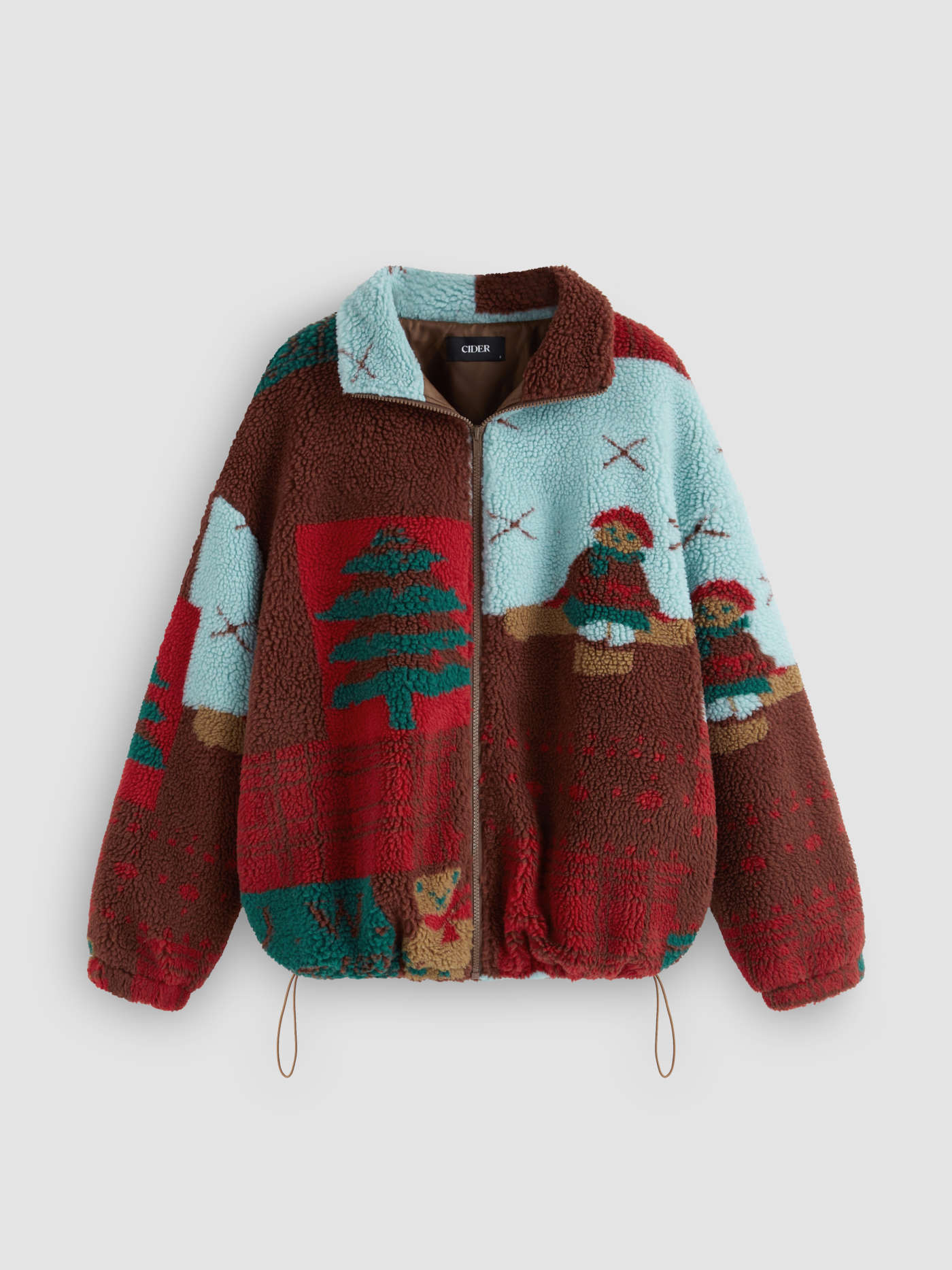 Fleece Snowman Patterned Drawstring Oversized Borg Jacket
