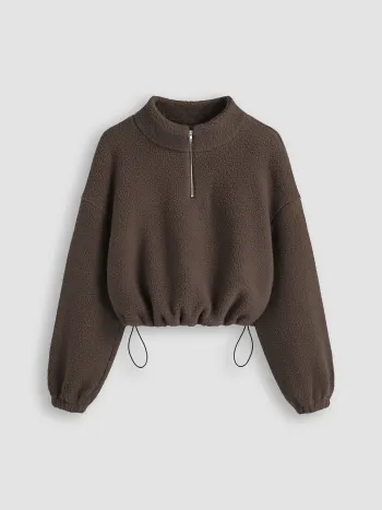 Fleece Hoher Kragen Einfarbig Kordelzug Reißverschluss Sweatshirt