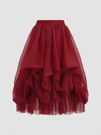 Voluminous Mesh Mid Rise Ruffle Tulle Maxi Skirt