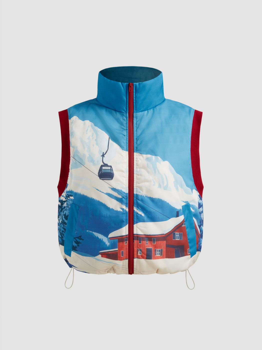 Funnel Neck Ski Print Drawstring Oversized Puffer Vest