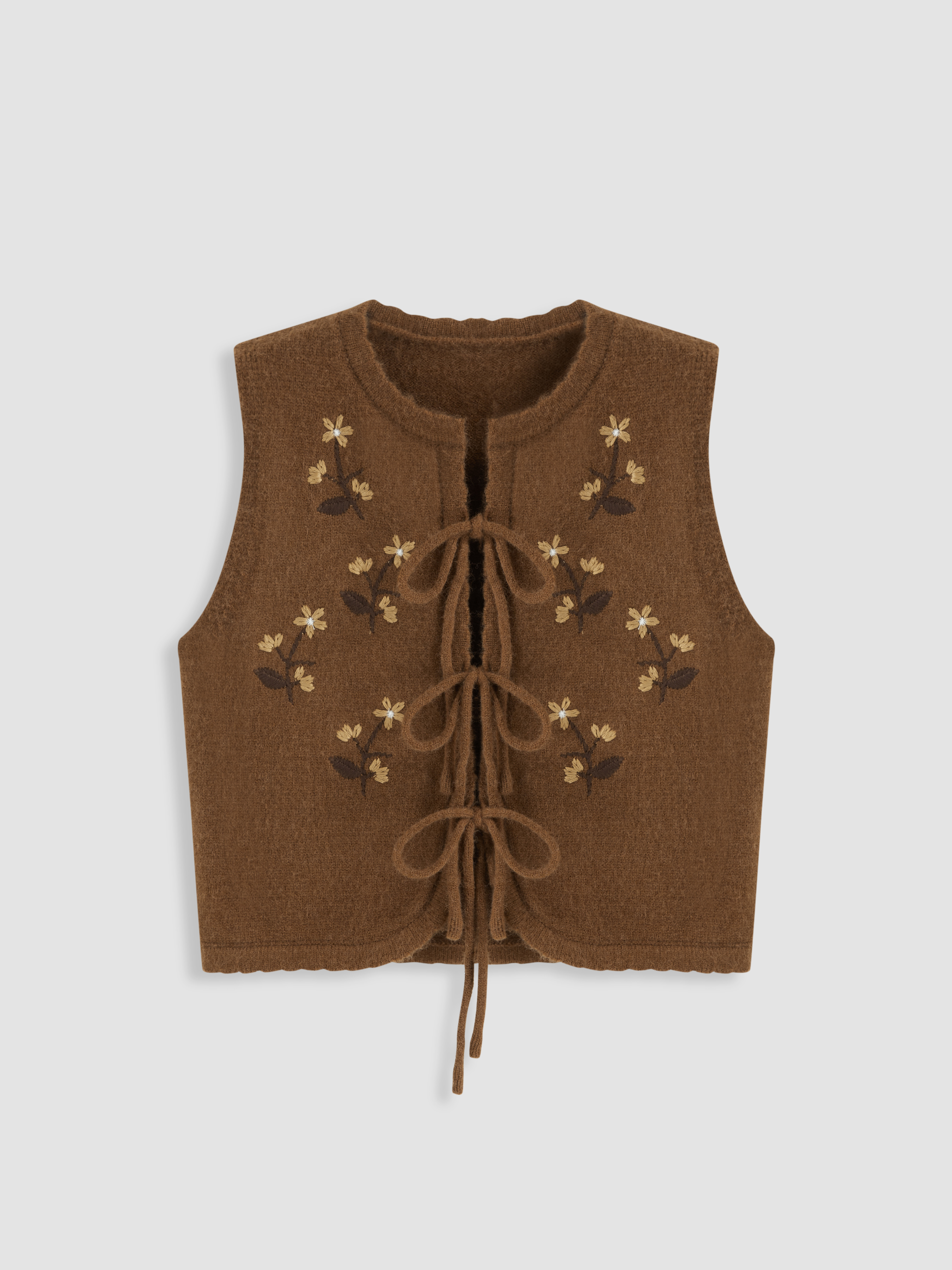 Knit Fabric Knit Tie Front Floral Embroidery Vest For School