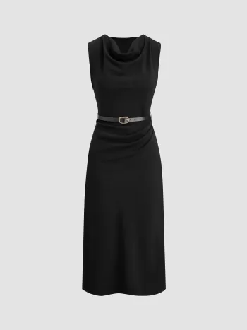 Cowl Neck Ruched Midikleid mit Gürtel