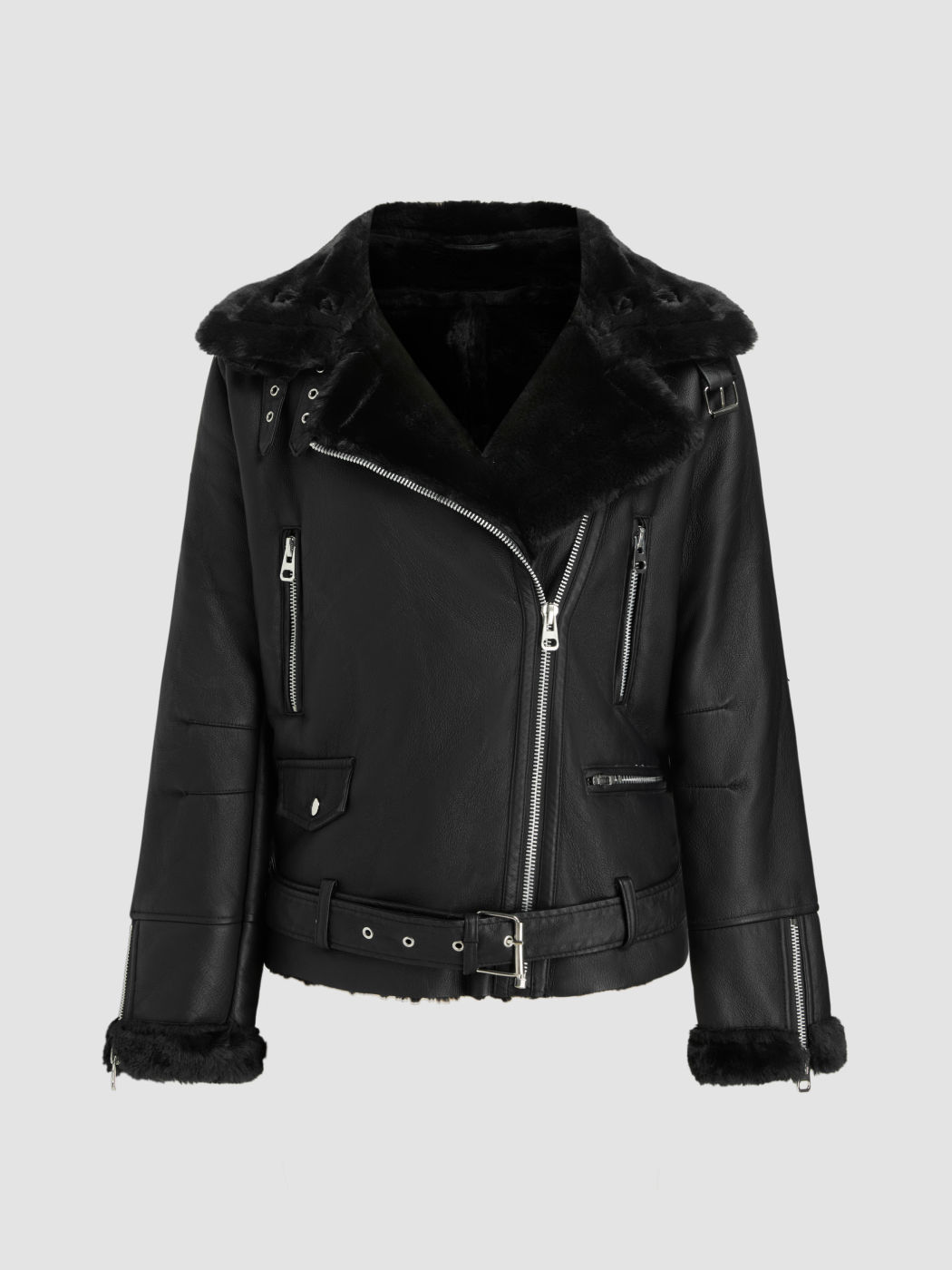Bikerjacke aus Kunstfell mit Gürtel