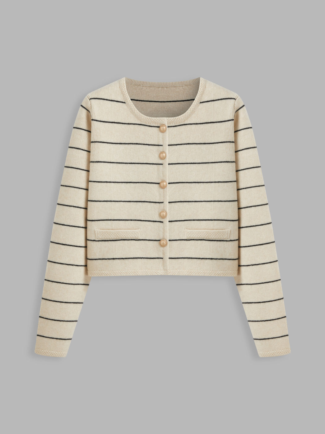 Knit Round Neckline Stripe Button Cardigan