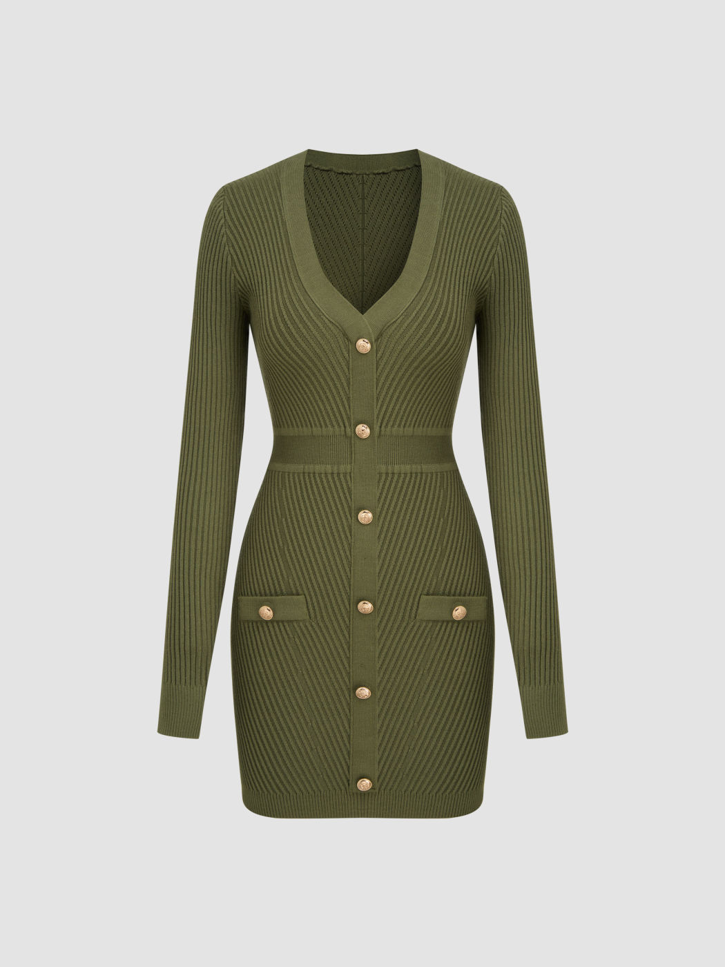 Strickkleid mit V-Ausschnitt und Knöpfen, Mini-Länge