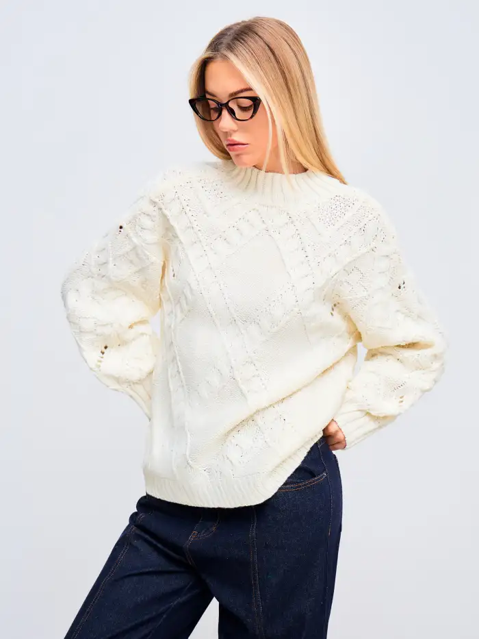 Knit Fabric Cable Knit High Neck Oversized Sweater For Daily Casual