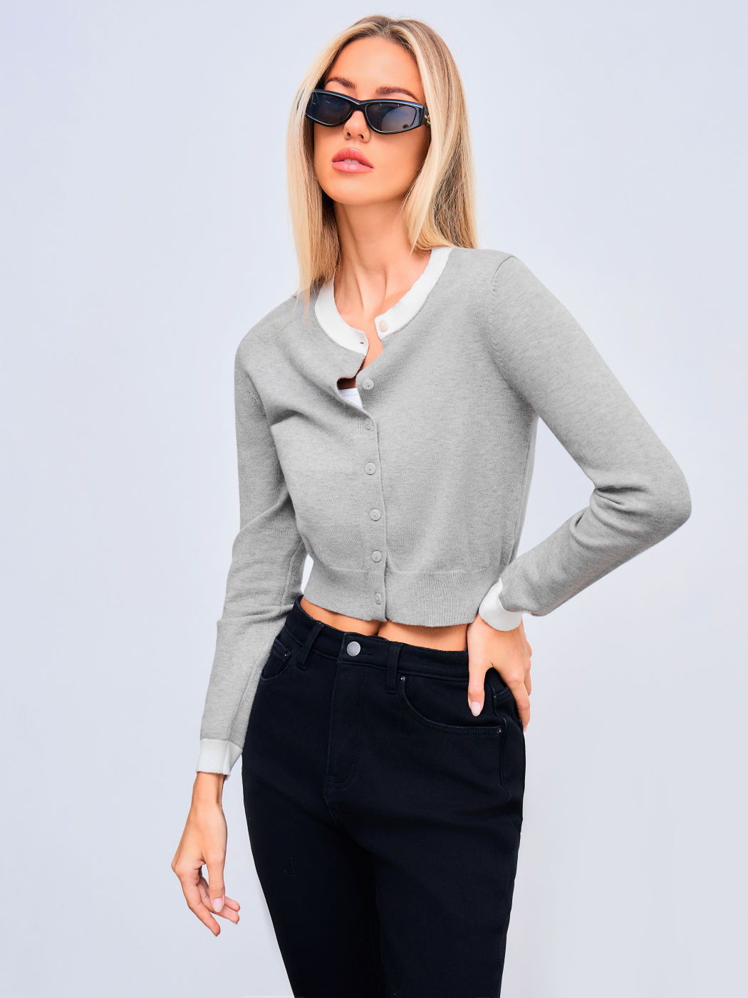 Knit Round Neckline Two Tone Cardigan