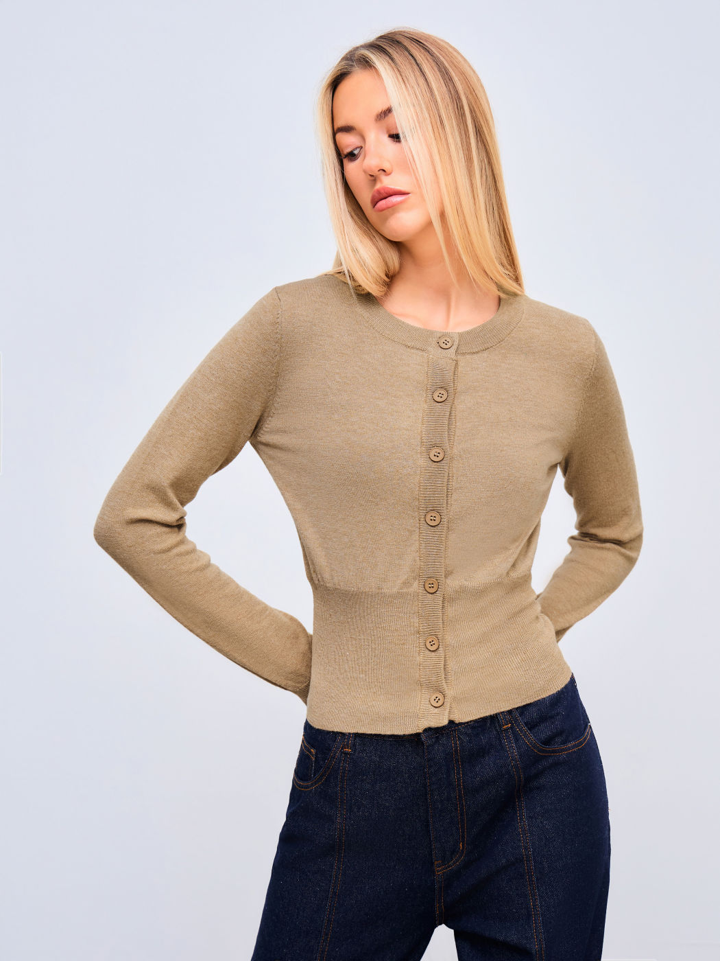 Wool-blend Knit Round Neckline Cardigan