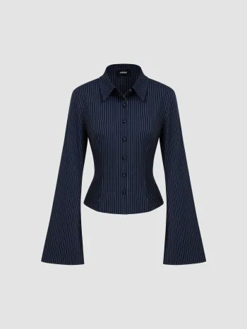 Collar Striped Cinched Waist Bell Sleeve Shirt